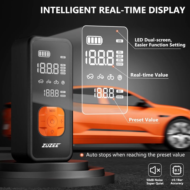ZUZEE Tire Inflator Portable Air Compressor - 4X Faster Inflation, 150PSI Air Pump for Car Tires with Digital Pressure Gauge/LED Light, Portable Tire Inflator for Car, Moto, Bike, Ball, etc - Image 5